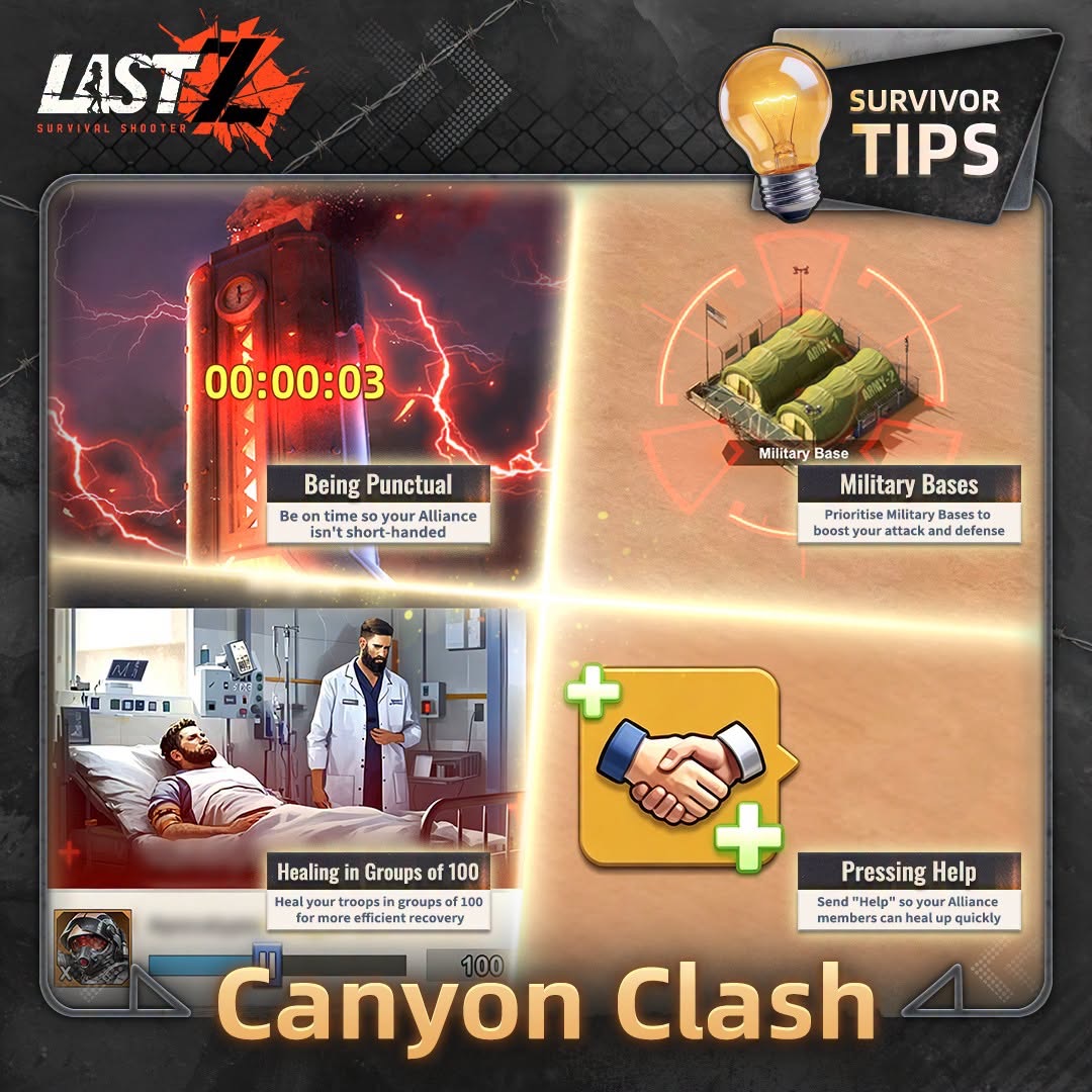 Canyon Clash official Survivor Tips — be punctual, prioritise Military Bases, heal in groups of 100, press Help